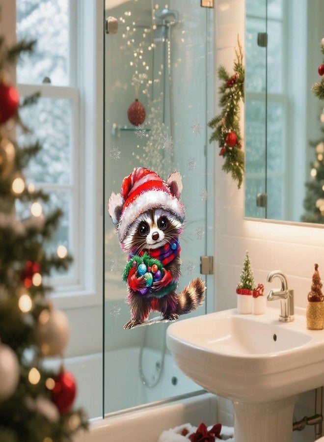 GRITOSE 1pcs Christmas Window Cling 11.8inch Christmas Hat Raccoon Designs Xmas Double-Sided Snowflake Windows Stickers Cute Cartoon Decals for Glassy Decor for Holiday Home Party Office Room Supplies - Image 1